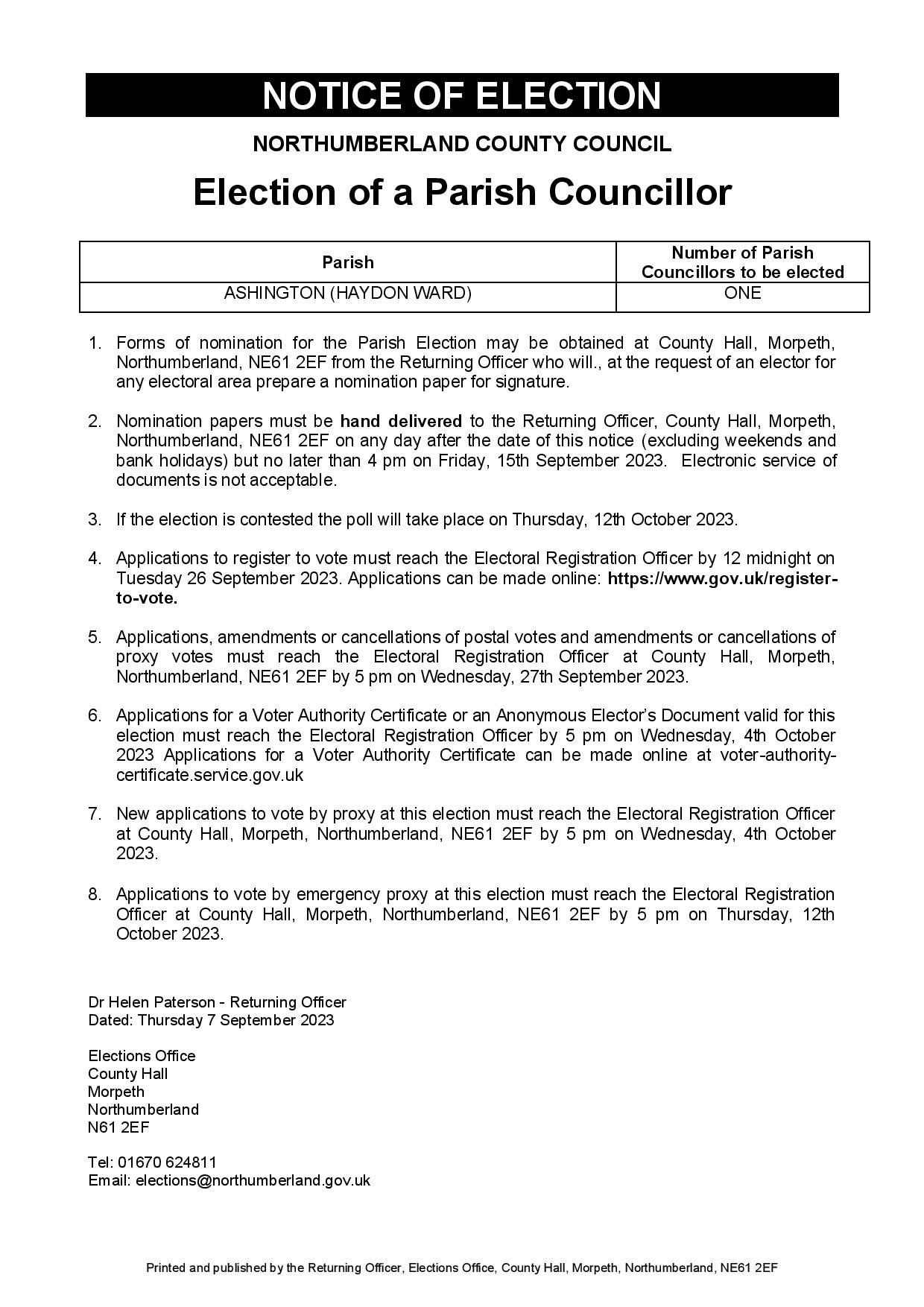 NOTICE OF ELECTION - HAYDON WARD