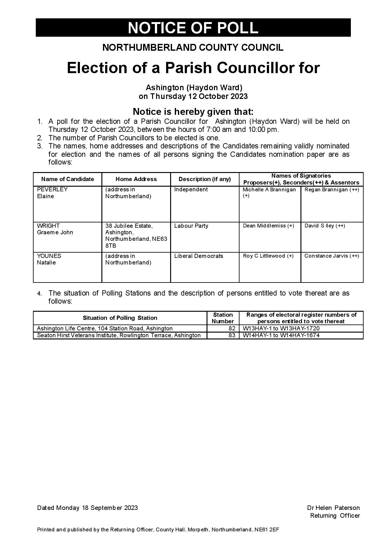 Ashington By-Election - Haydon Ward - 12th October 2023