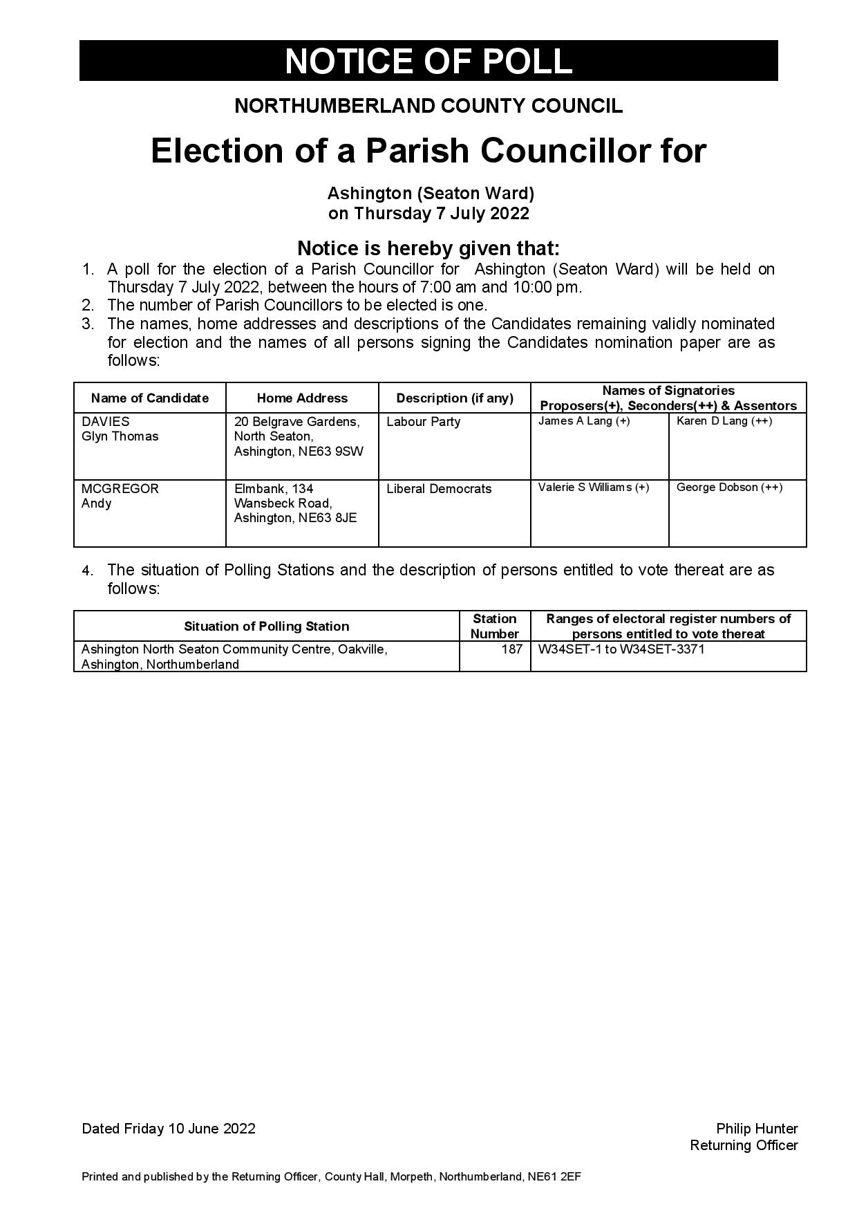SEATON WARD - Notice of Poll and Statement of Persons Nominated