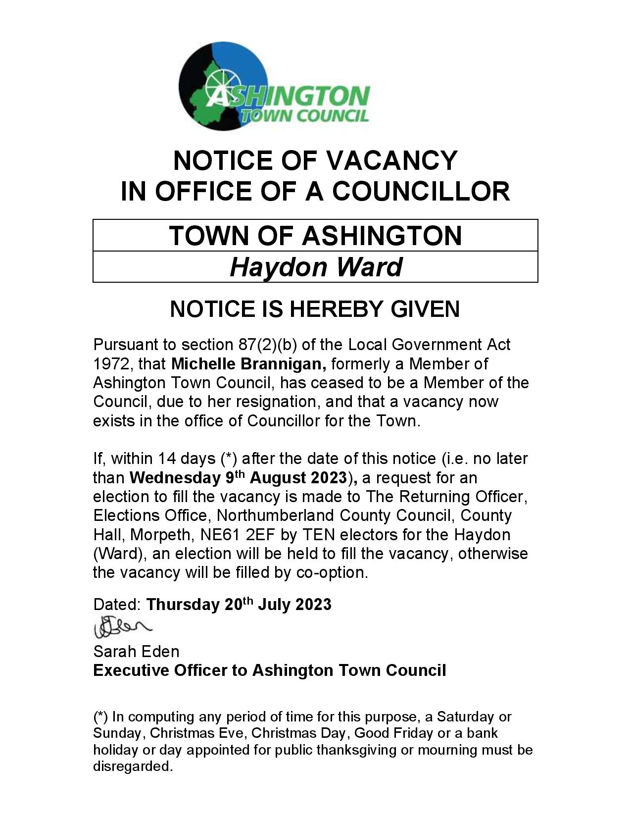 ASHINGTON TOWN COUNCIL - NOTICE OF VACANCY IN OFFICE OF A COUNCILLOR - HAYDON WARD