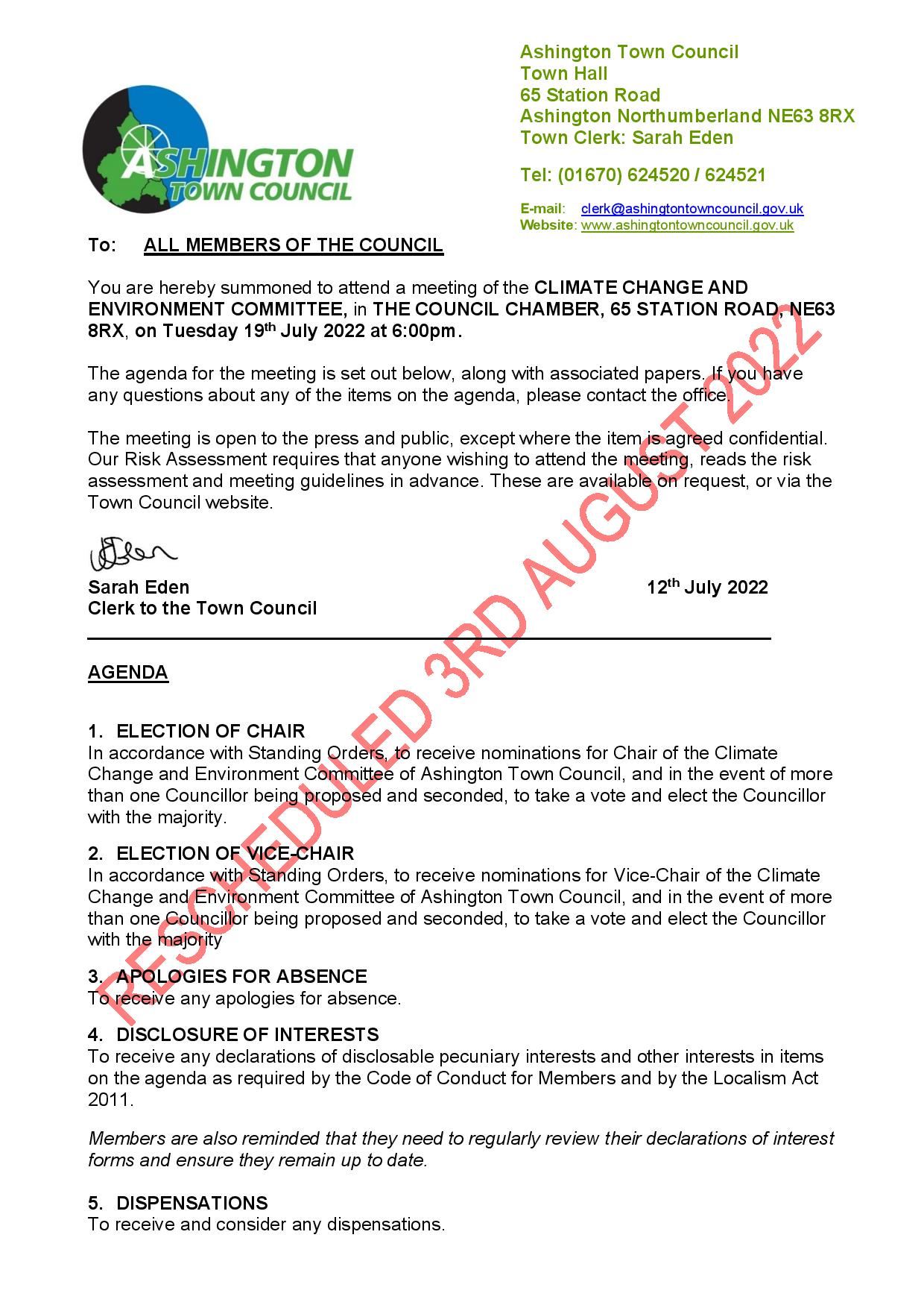 CLIMATE CHANGE COMMITTEE MEETING RESCHEDULED TO 3RD AUGUST 2022
