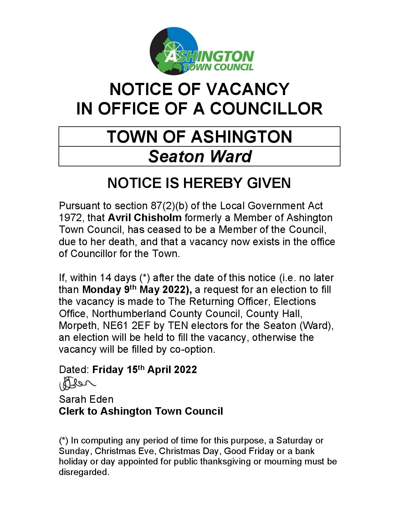 CASUAL VACANCY - SEATON WARD