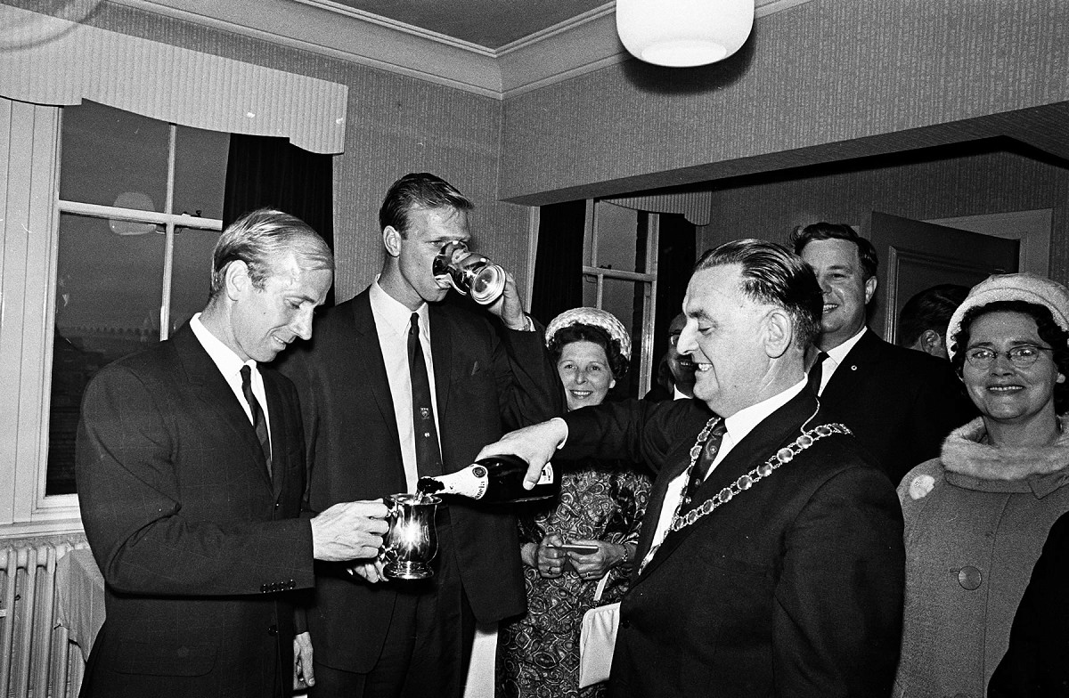 Bobby and Jack Charlton in Ashington, Northumberland, for a civic reception following the World Cup win. 18th August 1966.