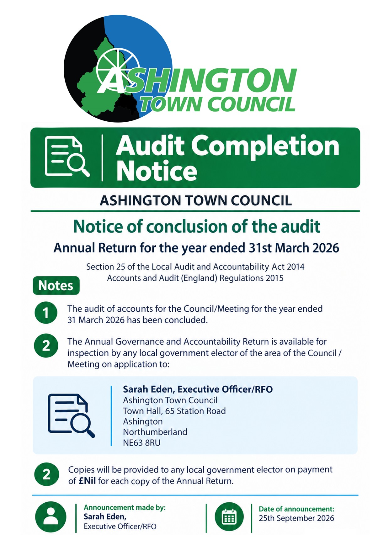 Clean audit for Ashington Town Council's 2025/26 accounts