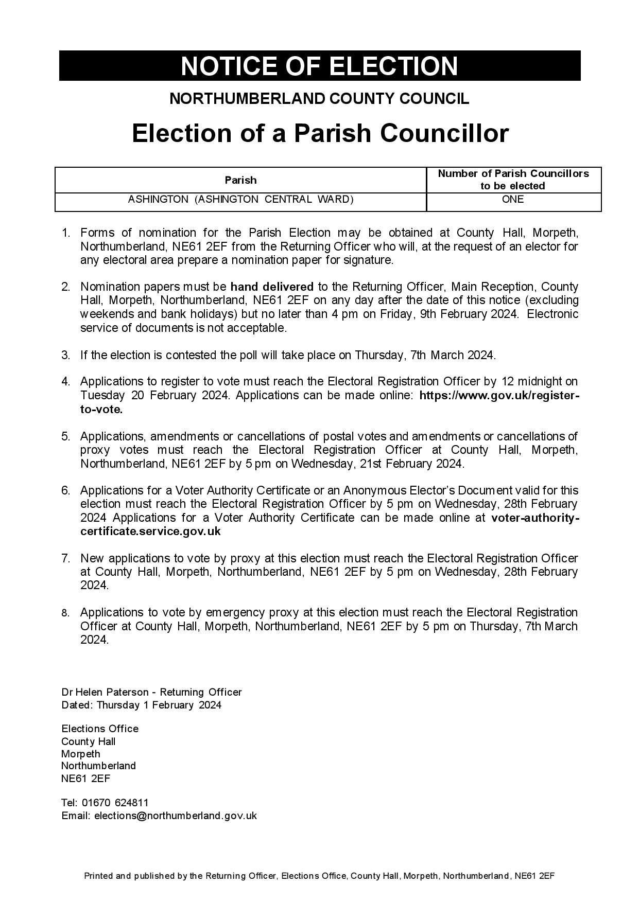 Election Notice for Ashington Central Ward Town Councillor