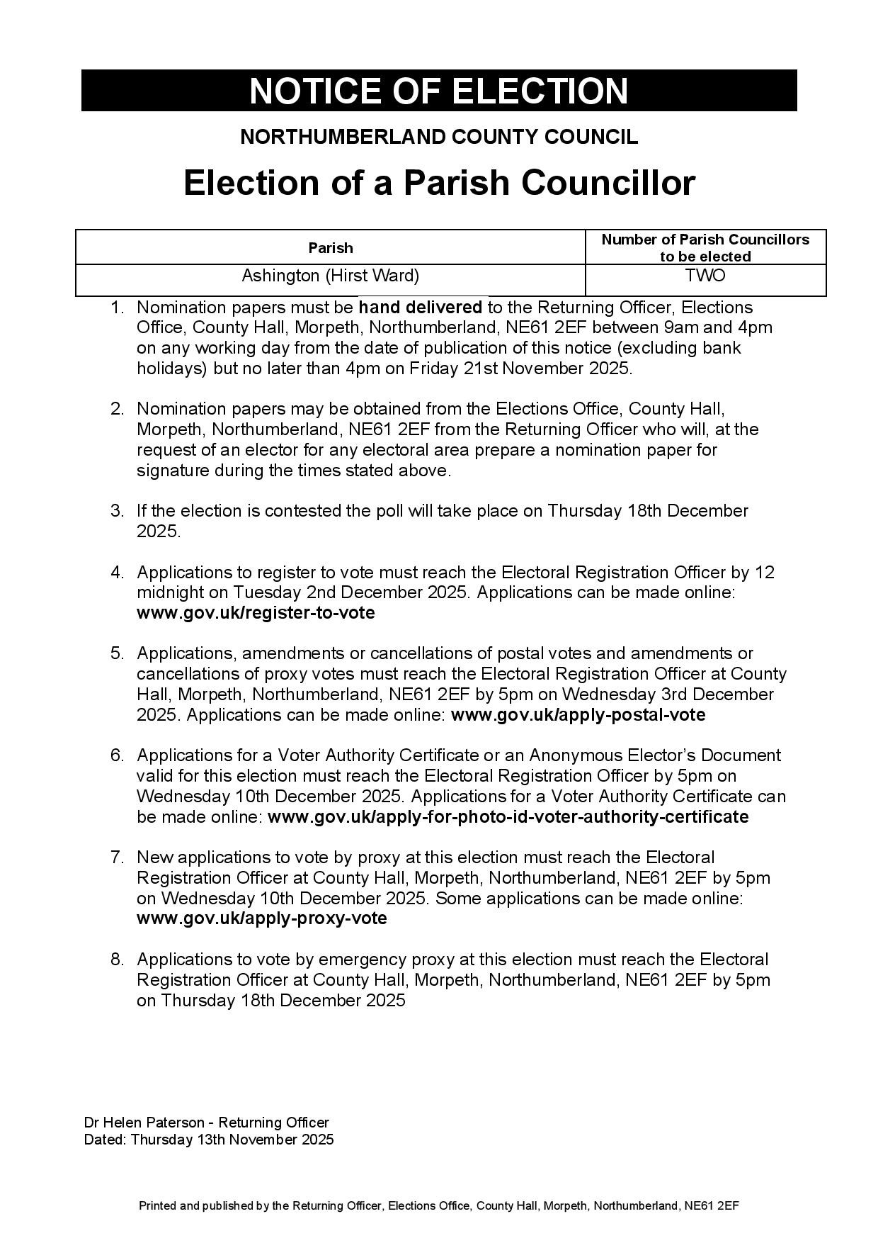 Notice of Election - Hirst Ward