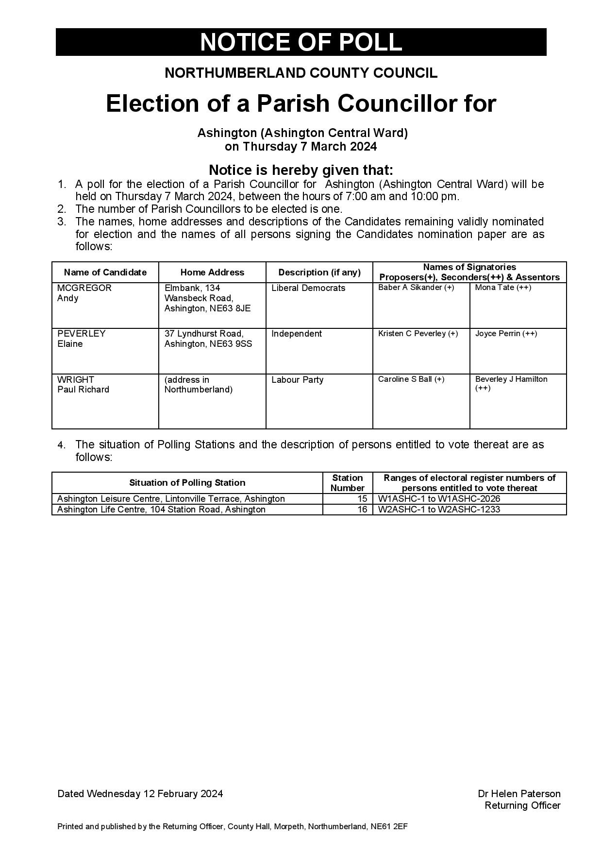 Notice of Poll - Upcoming By-Election for Ashington Central Ward