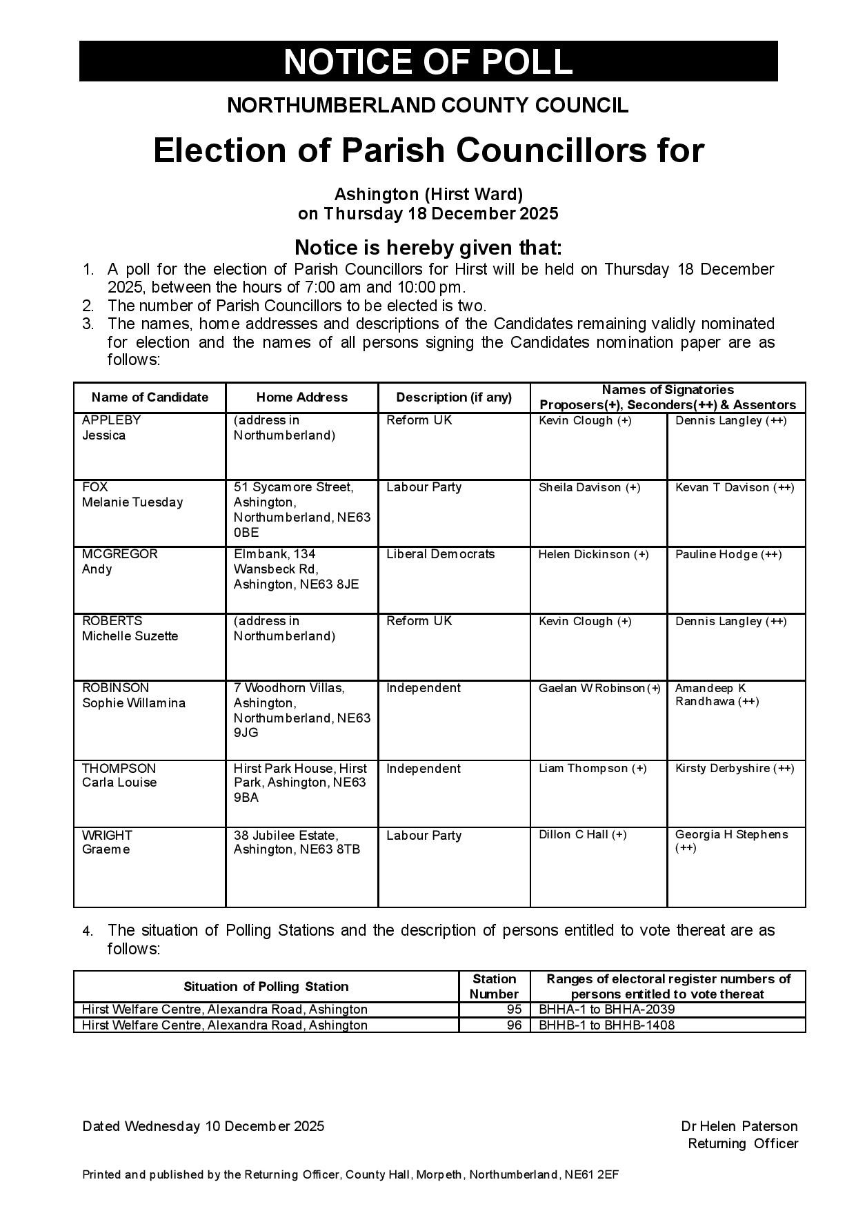 NOTICE OF POLL: HIRST WARD BY-ELECTION