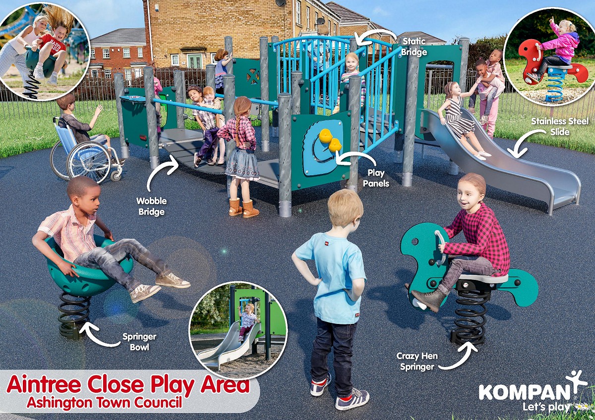 a four tower multi-play frame with bridge, wobble board, slide, and inclusive and interactive play panels, as well as the popular crazy hen springer and springer bowl.