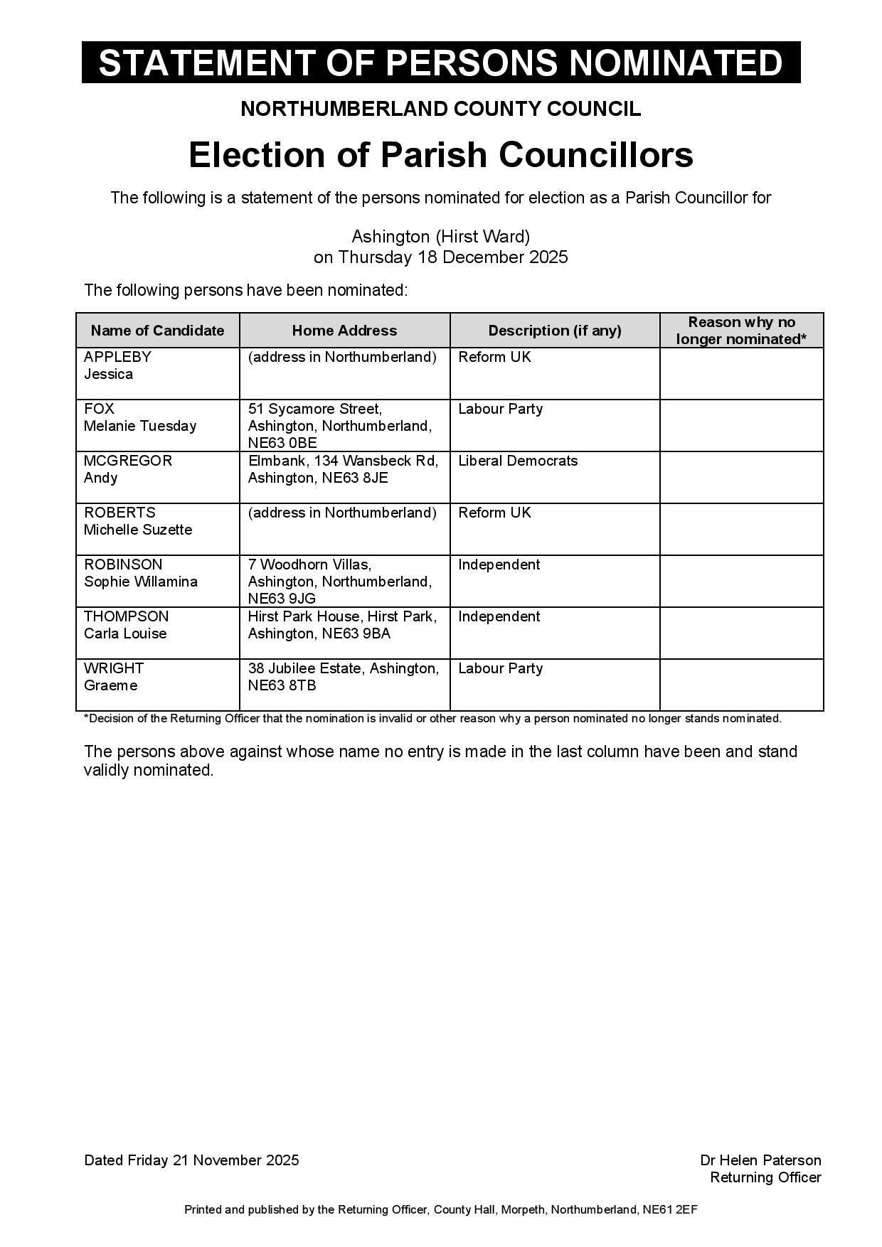 Ashington (Hirst Ward) Town Council Election - Notice of Nominations